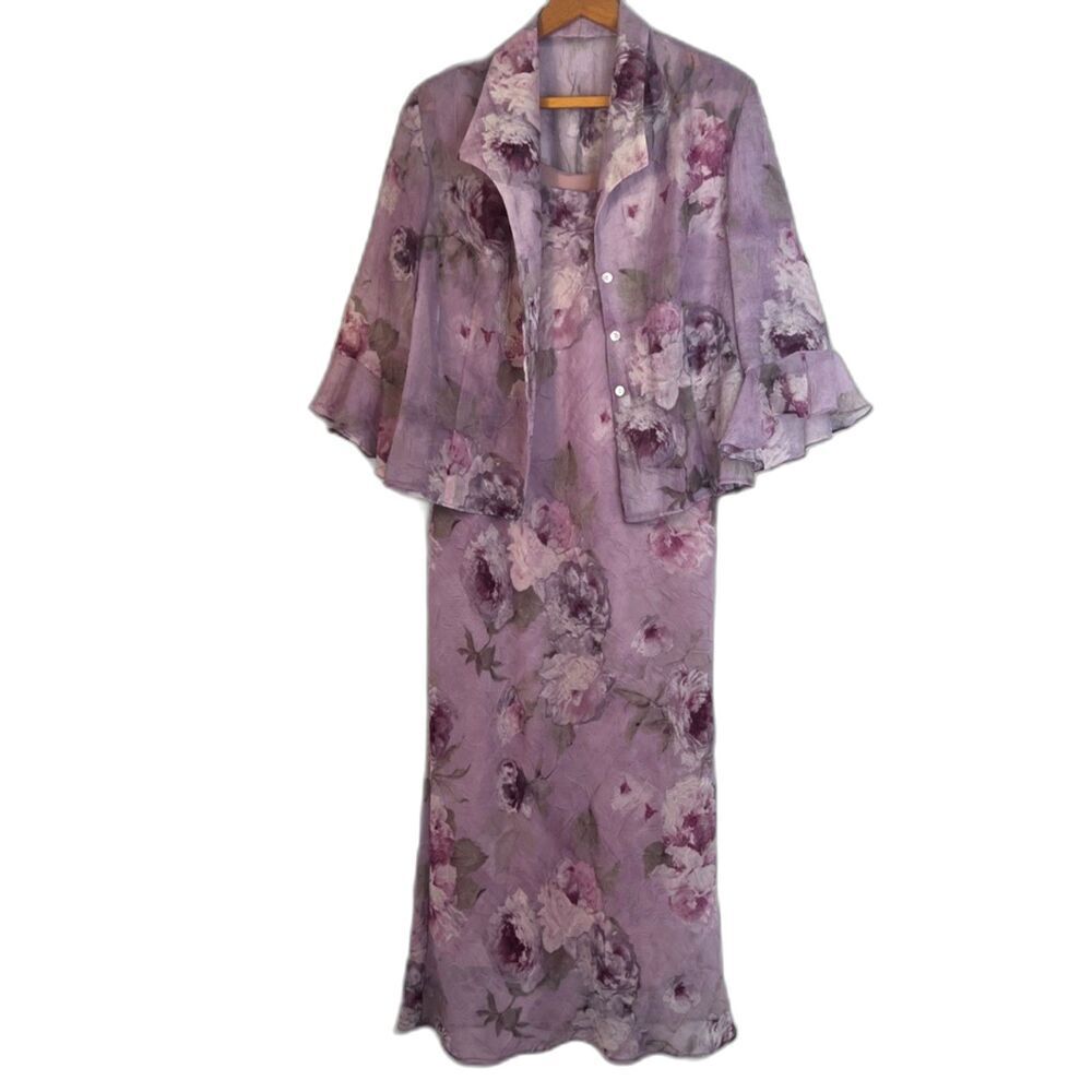 R&M Richards Fairy Core Whimsical Floral Crinkle Maxi Dress & Jacket Size LGP*